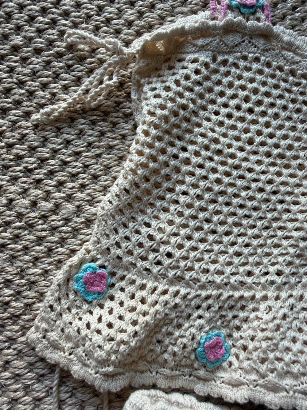 Handmade Crochet Tank Top & Shorts Set - Cream with Pink & Teal Flower Accents